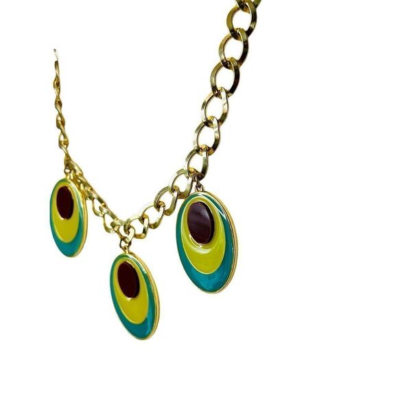 KH Studio Gold Tone Resin Green Enamel Statement Necklace Peacock-like - Picture 2 of 9
